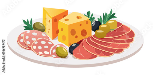 Vector drawing, Italian antipasto plate, prosciutto, thin salami slices, cheese cubes and olives, side view.