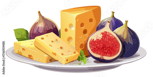 Vector drawing, various Italian cheeses served on a white ceramic plate with fresh figs, natural daylight, side view.