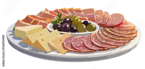 Vector drawing, elegant Italian antipasto plate, prosciutto, salami, cheese cubes and olives arranged harmoniously, soft natural light, side view.