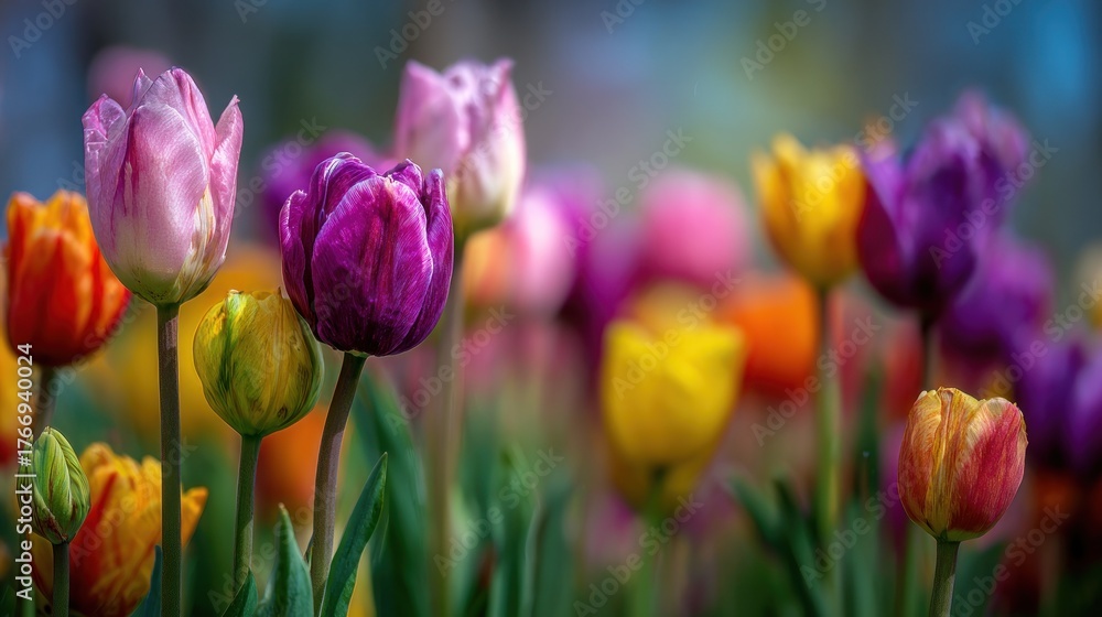 Obraz premium Vibrant Tulips in Soft Bokeh: A Symphony of Spring Colors and Delicate Textures