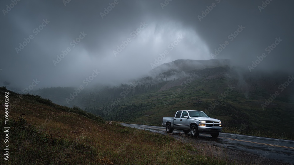 Fototapeta premium Silver Pickup Truck on Misty Mountain Road, Atmospheric Landscape.
