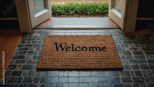 A rug by the door with the word welcome