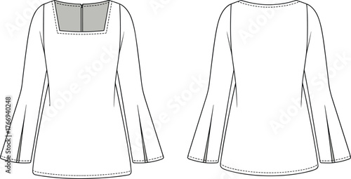 Women blouse fashion flat with square neckline insert, long flared sleeves and clean back view, apparel technical CAD line drawing vector template