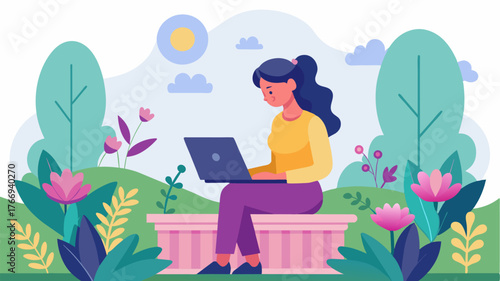 A woman seated on a stone bench in an ornate garden typing away on her laptop while savoring the fragrance of blooming flowers and the peacefulness of the heritage site.. Vector illustration