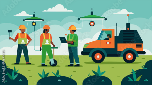 A group of farmworkers monitoring a fleet of robotic weed control vehicles which are equipped with a variety of tools such as lasers and electric shocks to eliminate weeds in. Vector illustration