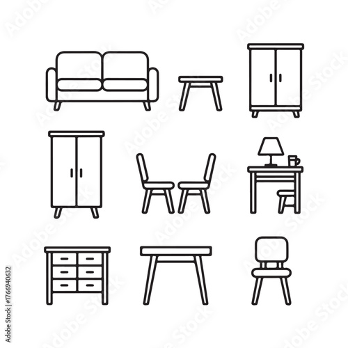 Set of line art icons representing various furniture pieces for home decor and interior design