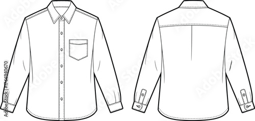 Classic mens button-up shirt fashion flat with collar, front pocket, long sleeves and cuff placket detail, front and back apparel technical drawing template