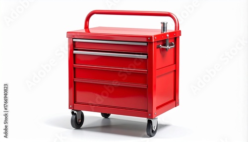Red metal rolling tool cart with multiple drawers isolated on a clean white background.