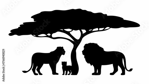 Silhouette of a lion family under a tree with a lioness, lion, and cub in a monochrome illustration