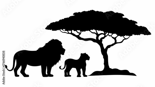 Silhouette of a lion and cub standing near a tree in black and white vector illustration