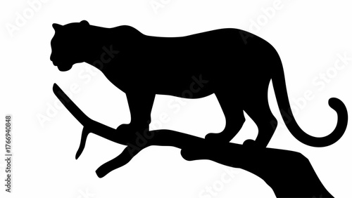 Silhouette of a panther perched on a tree branch against a white background in a simple illustration