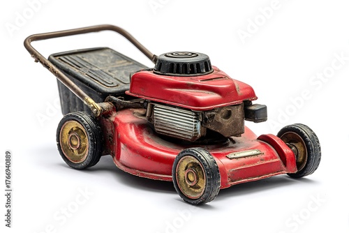 Vintage red lawnmower with worn exterior and dusty details sits on a clean white background, evoking nostalgia and classic gardening.