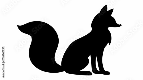 Silhouette of a fox sitting with a bushy tail and pointy ears against a white background art image