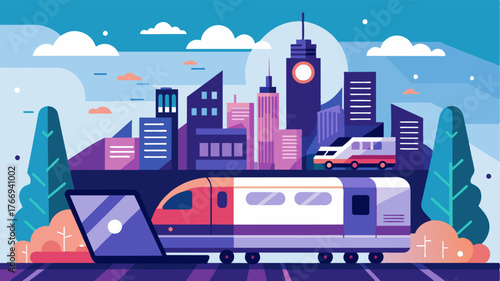 A train speeding through a city the digital nomad inside capturing the sights and sounds on their laptop.. Vector illustration
