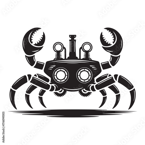 Steampunk crab illustration with mechanical parts and claws, isolated on white background