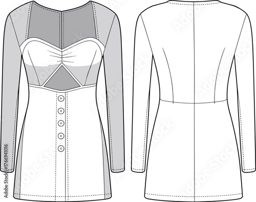 Long sleeve bustier panel mini dress technical flat with mesh insert, button front detail, contour seams, front and back view apparel cad template