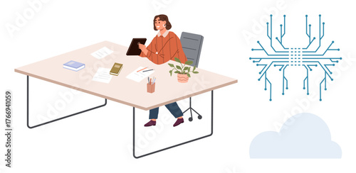 Woman using digital tablet at desk with books, stationery, plant. Cloud and AI circuit represent technology concepts. Ideal for innovation, AI, cloud computing, productivity, futurism data modern