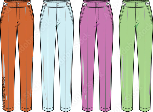 Vibrant collection of women's tapered flat-front trousers in orange, light blue, purple, and green, showcasing versatile and comfortable fashion apparel designs for diverse styling