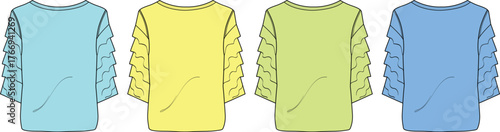 Flat-lay illustration of four long-sleeved tops in pastel colors with ruffled sleeves, presented from the back