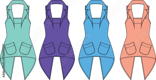 Four colorful sleeveless tunics with pockets, displayed in a straight line on a plain white background, offering a variety of garment options