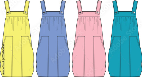 Colorful vector flats of children's overall dresses in a palette of yellow, blue, pink, and teal, ideal for fashion design, clothing patterns, and textile projects
