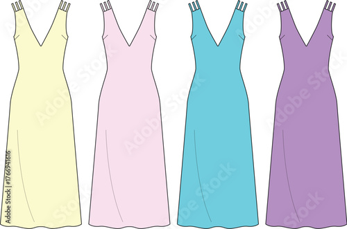 Vector illustrations of four diverse sleeveless maxi dresses in pastel colors, featuring a flowing silhouette and V-neck design, ideal for spring and summer apparel concepts and fashion flats