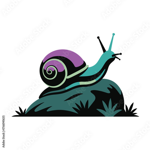 Stylized snail with purple and teal shell crawling on a rock with grass, isolated on white background