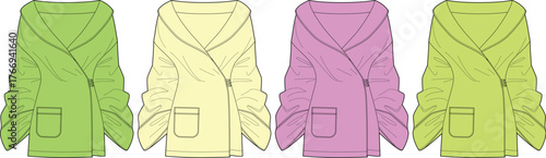 Variety of Fashionable Robes A Colorful Collection in Green, Yellow, and Pink, Stylish Garments