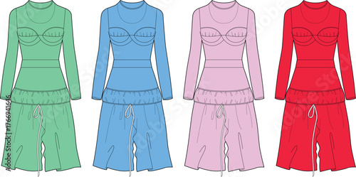 Fashion design collection featuring a technical flat sketch of a long-sleeve bustier dress with a ruffled skirt, presented in multiple color variations