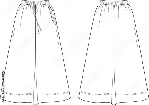 Casual A-line long skirt technical flat with elastic waistband and drawstring pocket detail, front and back CAD sewing pattern vector template