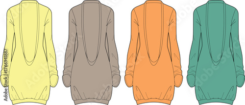 Technical fashion flats of a women's long-sleeved tunic dress with relaxed fit and gathered hem, presented in diverse colors yellow, brown, orange, and teal