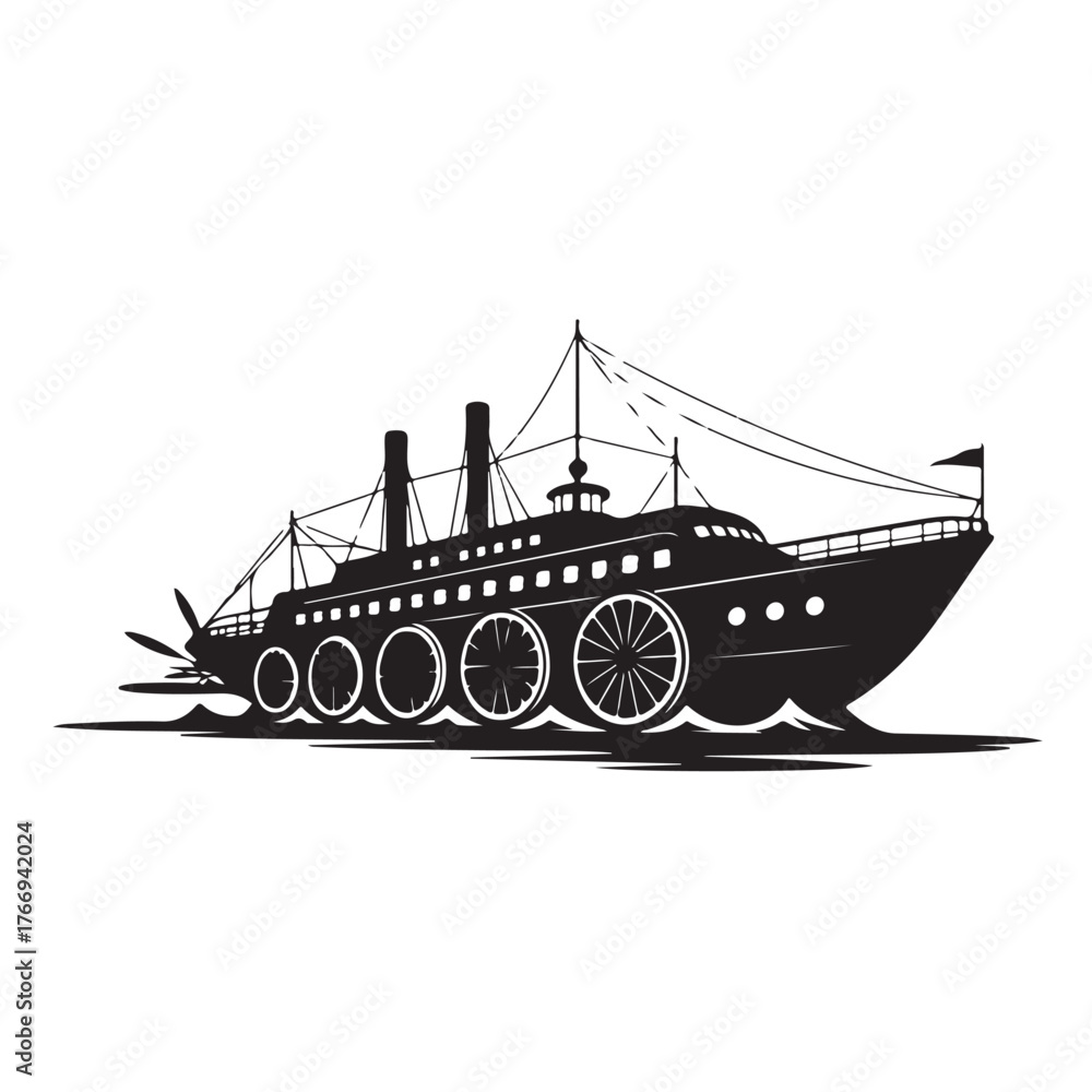 Obraz premium Vintage paddlewheel steamship sailing on water, isolated on white background