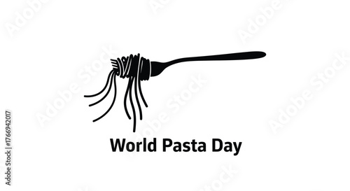A simple black silhouette of pasta on a fork with text below