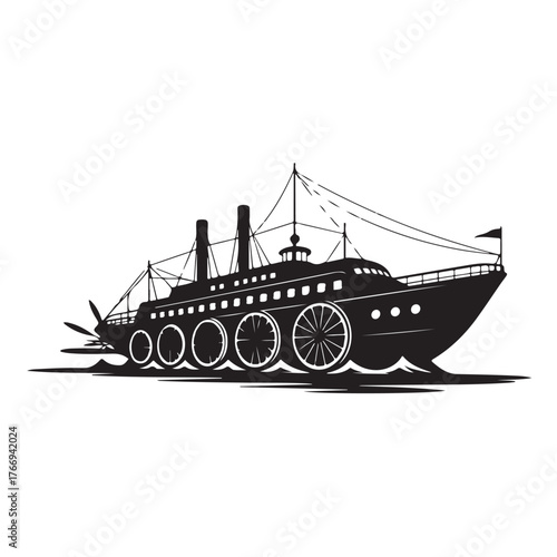 Vintage paddlewheel steamship sailing on water, isolated on white background