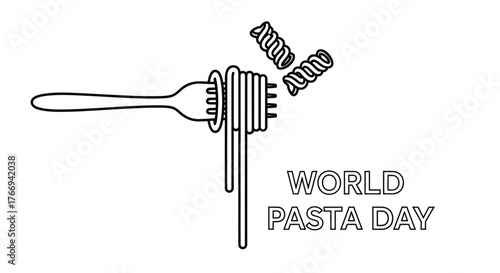 A simple fork holding spaghetti with the text world pasta day
