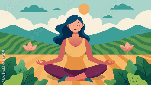 A woman meditates in the middle of a vineyard her eyes closed as she listens to the sounds of nature around her.. Vector illustration