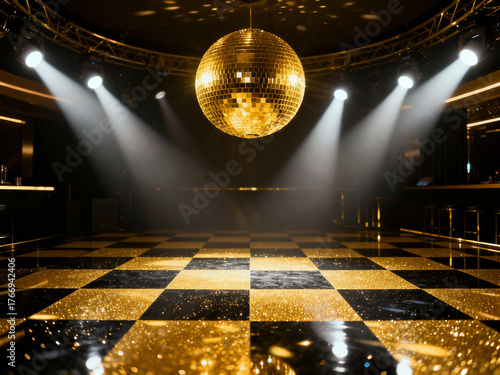 A glamorous nightclub with a gold disco ball hanging above a shiny black-and-gold checkered dance floor, illuminated by bright spotlights, graduation or new year's eve party invitation