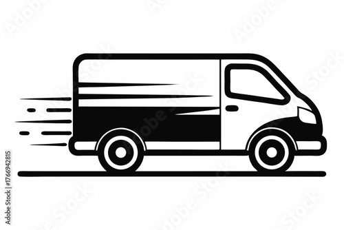 Black and white cargo van with speed lines suggesting quick movement toward the right