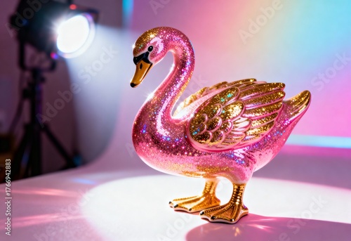A kitsch ceramic swan figurine covered in pink and gold glitter. Retro style object in a studio with colorful lighting and a spotlight