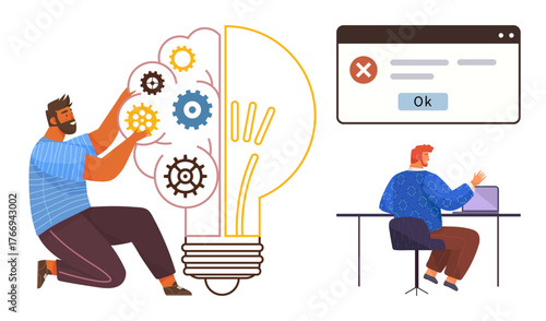 Person assembling light bulb with gears, symbolizing innovation. Other person fixes computer issue. Ideal for teamwork, creativity, troubleshooting, innovation, problem-solving, technology workflow