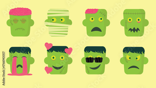 Cute zombie characters with funny expressions in cartoon style, perfect for Halloween, stickers, emojis, and spooky yet adorable designs.