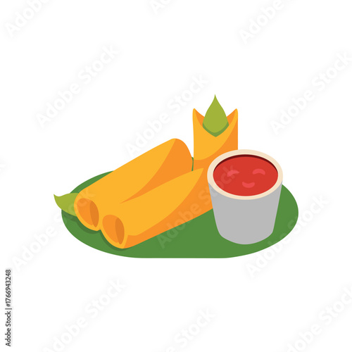 Colorful crispy Spring Rolls with a sweet and sour dipping sauce vector illustration