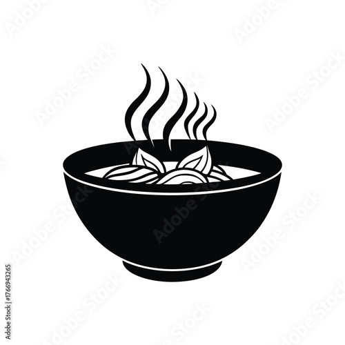 A steaming bowl of Wonton Noodle Soup silhouette vector art illustration