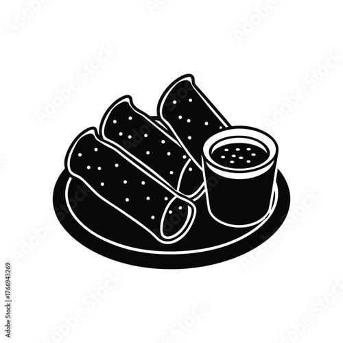 Crispy spring rolls with a sweet and sour dipping silhouette vector art illustration