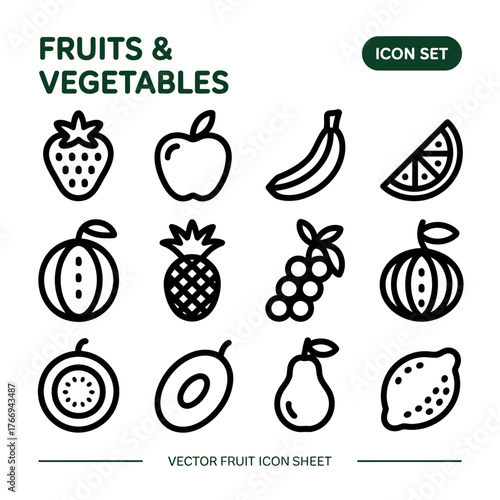 Playful Outline Fruit Icon Sheet — Fruits & Vegetables Mono‑Line SVG Icon Set