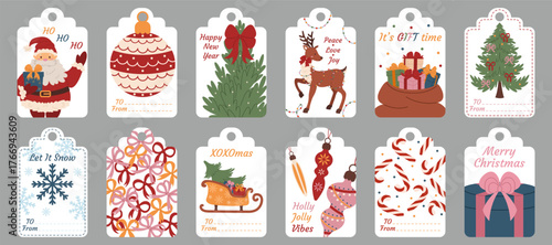 Collection of festive gift paper tags with Christmas winter elements. Labels with New Year and Christmas decorations. Colored flat illustration on white background. Vector stickers or clip art set.
