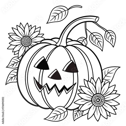 Vector illustration of coloring page Halloween pumpkin coloring page with sunflowers decoration
