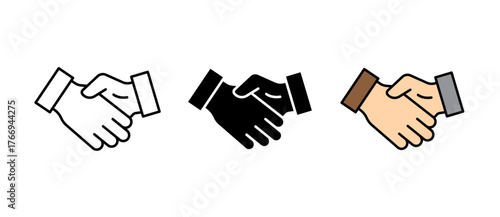 Handshake Deal Icon represents partnership, agreement, and business collaboration in stroke, filled, and colored styles. Perfect for corporate, teamwork, and contract design use.