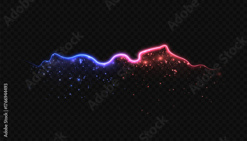 A blue-red glowing wavy line with a sharp edge and scattered particles on a dark transparent background. A bright lightning effect.