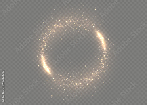 A golden ring of particles forming a bright circle with two bright arcs and fine spark dust on a transparent background.